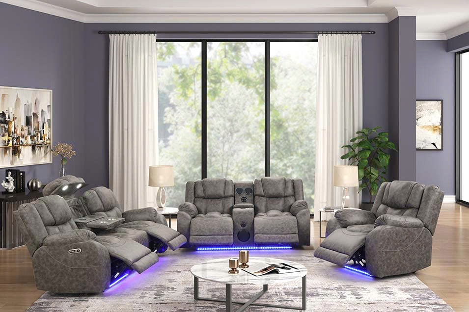 Dark Gray 3-Piece Power Reclining Living Room Set with LED Lights, USB, Bluetooth Speaker & Wireless Charging