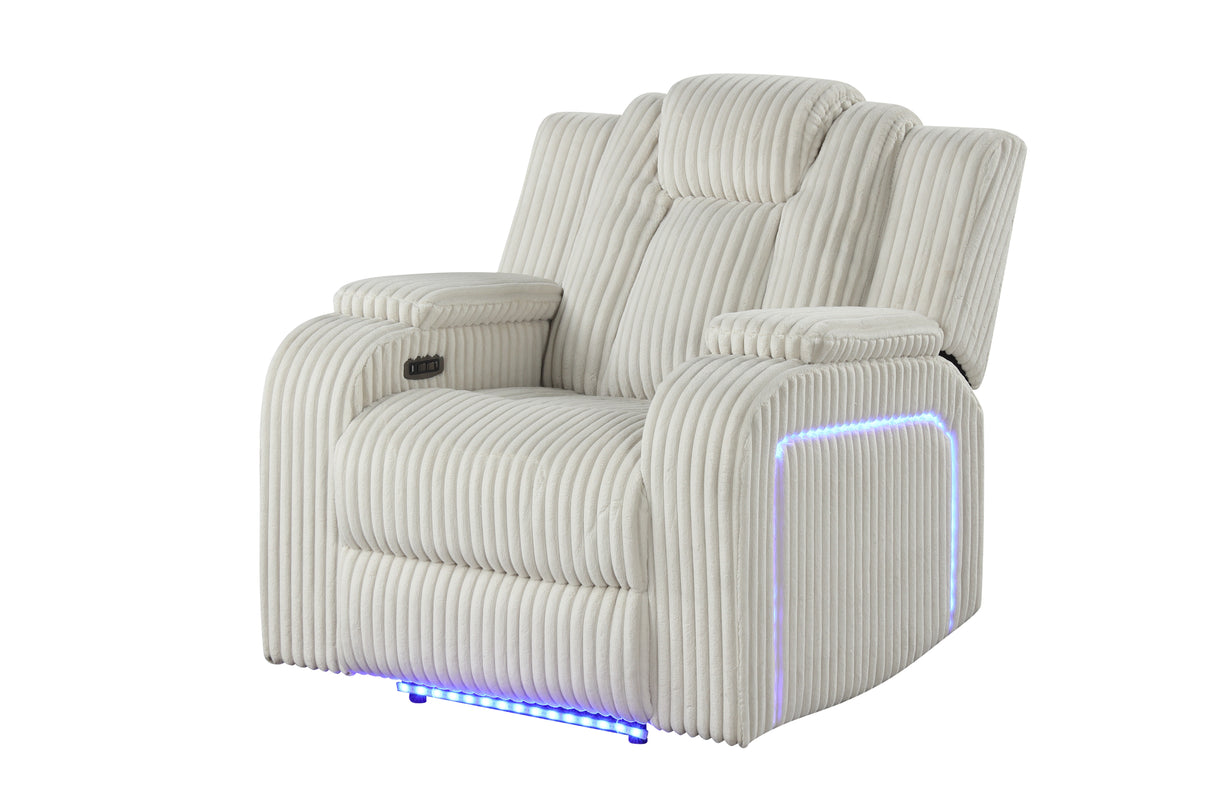 Beige Corduroy Power Reclining Living Room Set w/ LED Lights, Speakers, USB & Wireless Charging