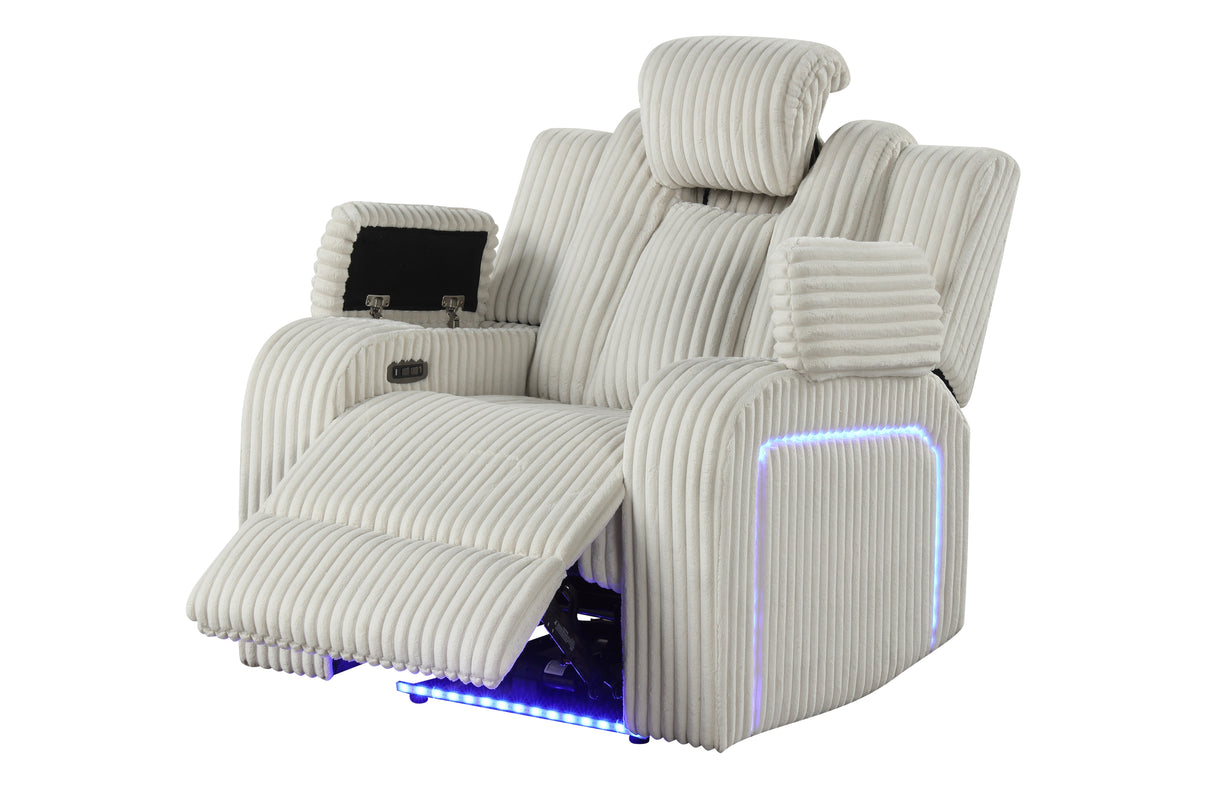 Beige Corduroy Power Reclining Living Room Set w/ LED Lights, Speakers, USB & Wireless Charging