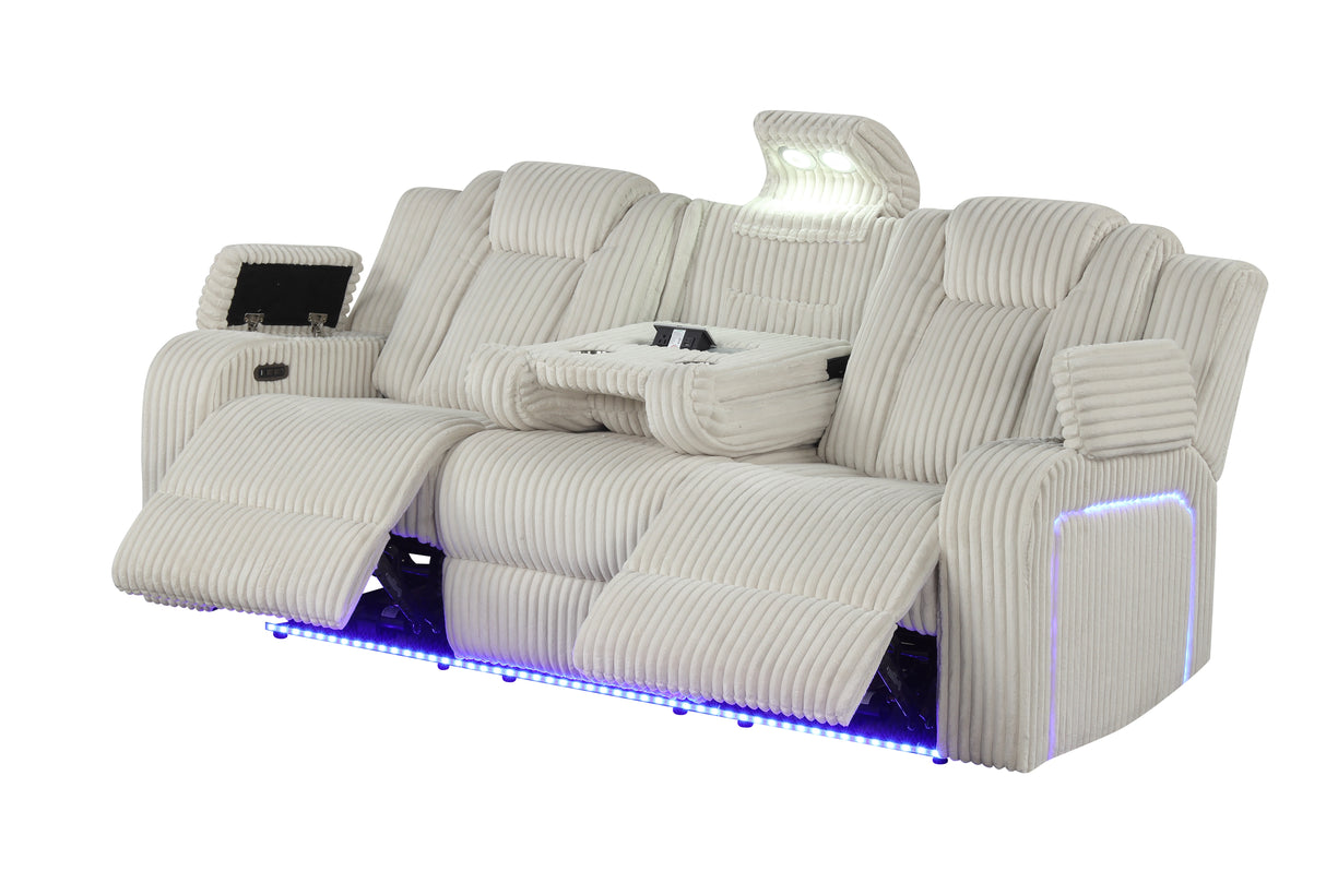Beige Corduroy Power Reclining Living Room Set w/ LED Lights, Speakers, USB & Wireless Charging