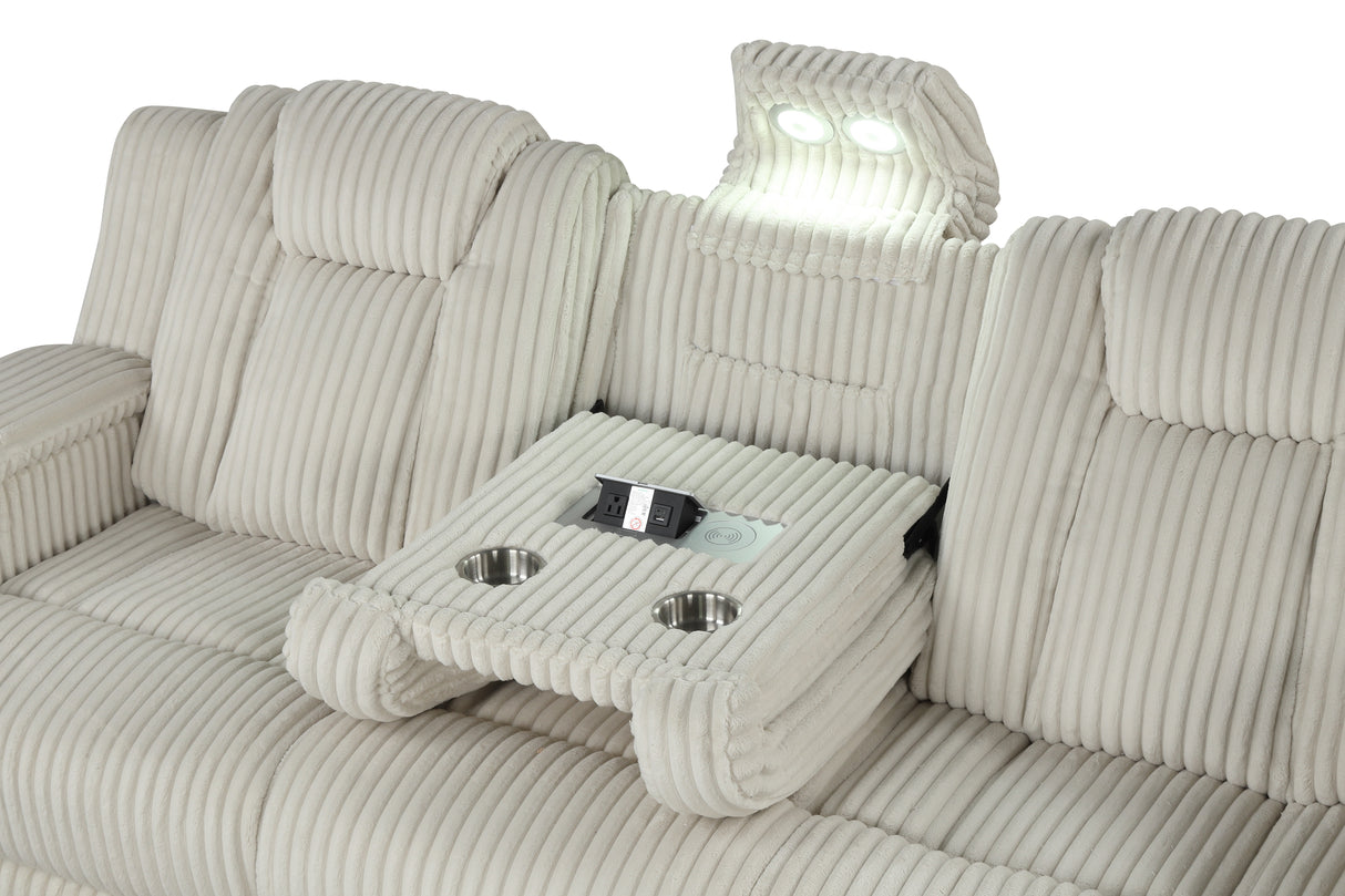 Beige Corduroy Power Reclining Living Room Set w/ LED Lights, Speakers, USB & Wireless Charging