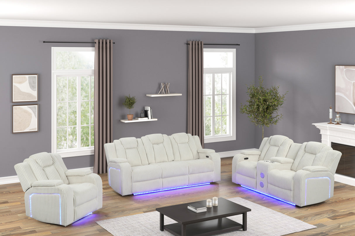 Beige Corduroy Power Reclining Living Room Set w/ LED Lights, Speakers, USB & Wireless Charging