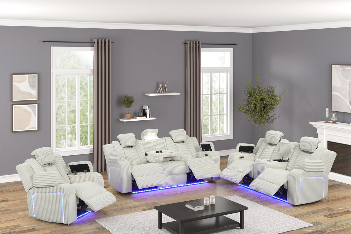 Beige Corduroy Power Reclining Living Room Set w/ LED Lights, Speakers, USB & Wireless Charging