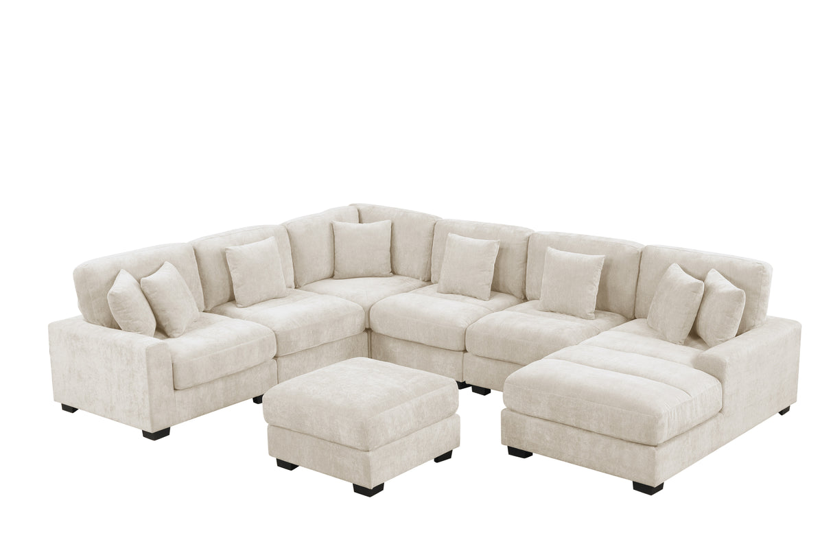Cream Chenille 5-Piece Modular Sectional Sofa with Chaise & Ottoman