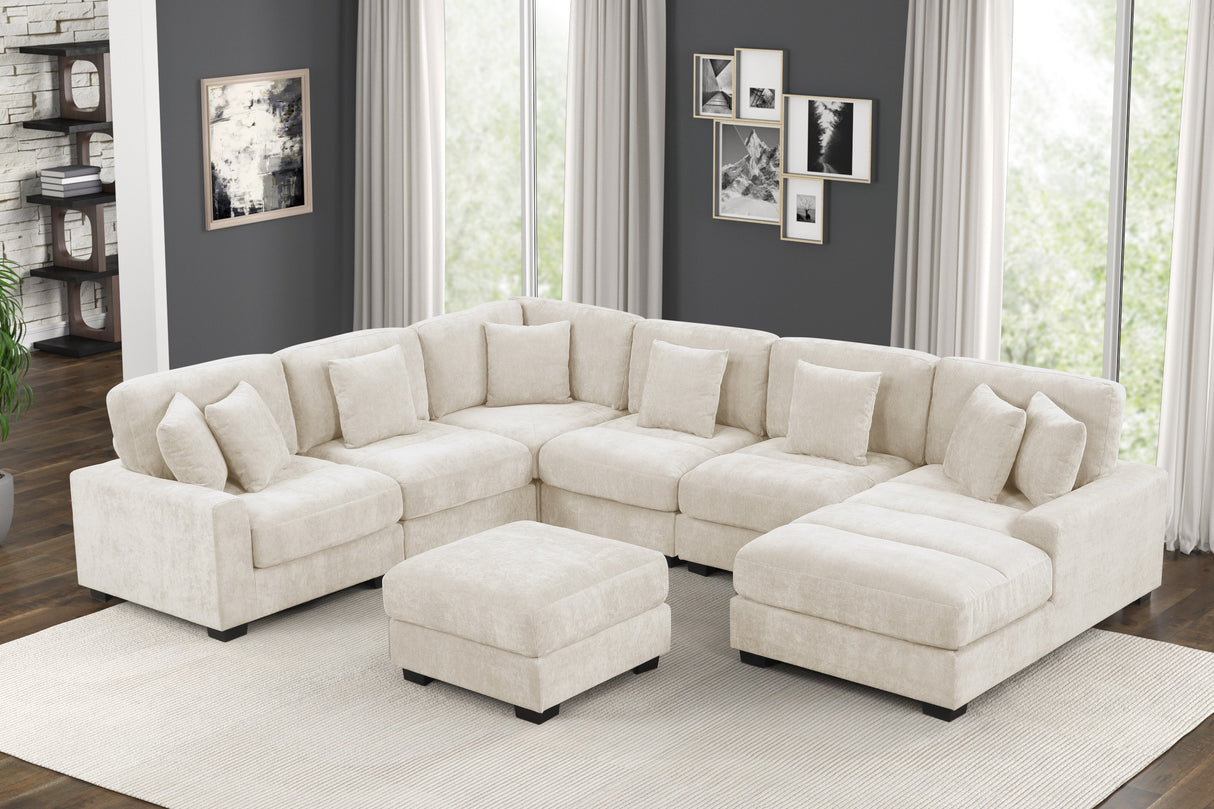 Cream Chenille 5-Piece Modular Sectional Sofa with Chaise & Ottoman