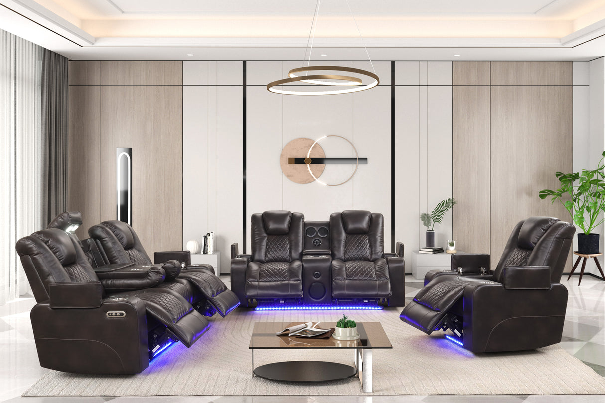 Boyington Brown 3-Piece Power Reclining Living Room Set with LED, Bluetooth & Wireless Charging