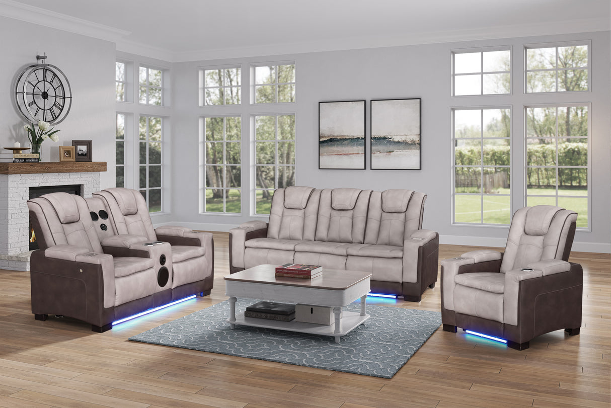 3-Piece Beige & Brown Power Reclining Living Room Set with Power Headrests, Bluetooth Speakers, Wireless Charging & LED Lights