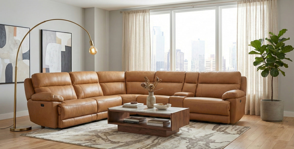 Contemporary Light Brown 6-Piece Top-Grain Leather Power Reclining Sectional with Power Headrests & Console