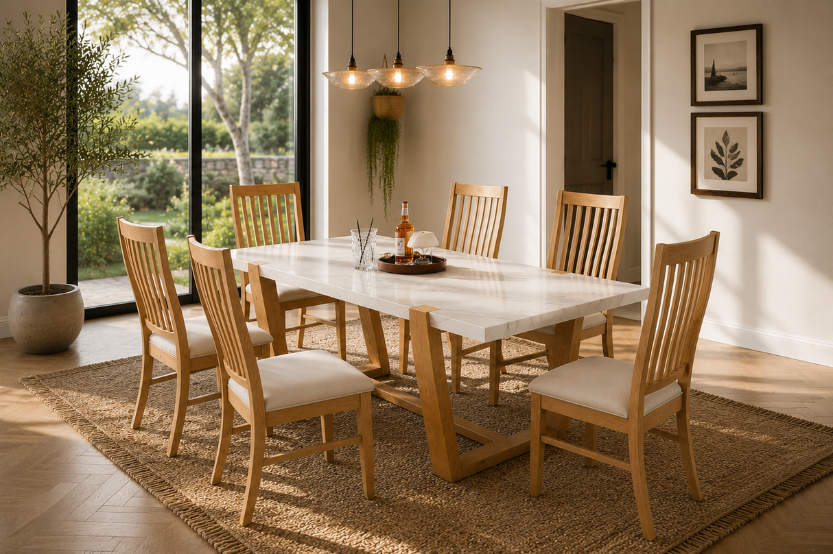Light Brown 7-Piece Dining Set with Faux-Marble Top & Natural Oak Chairs