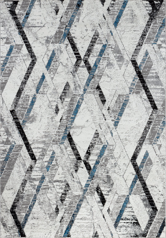 Geometric patterned rug with black, blue, and gray colors on a white background