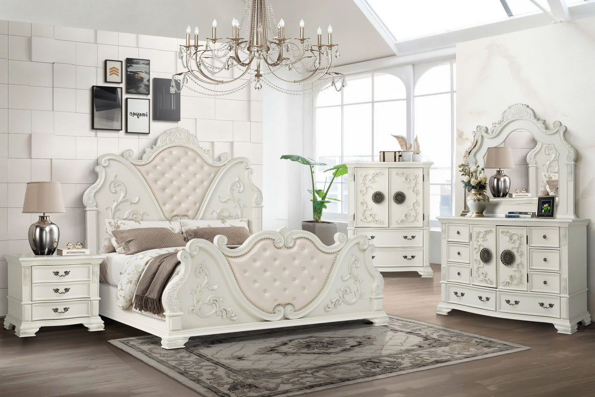 White Ornate Tufted Upholstered 6-Piece Bedroom Set with Dresser, Mirror & Nightstand