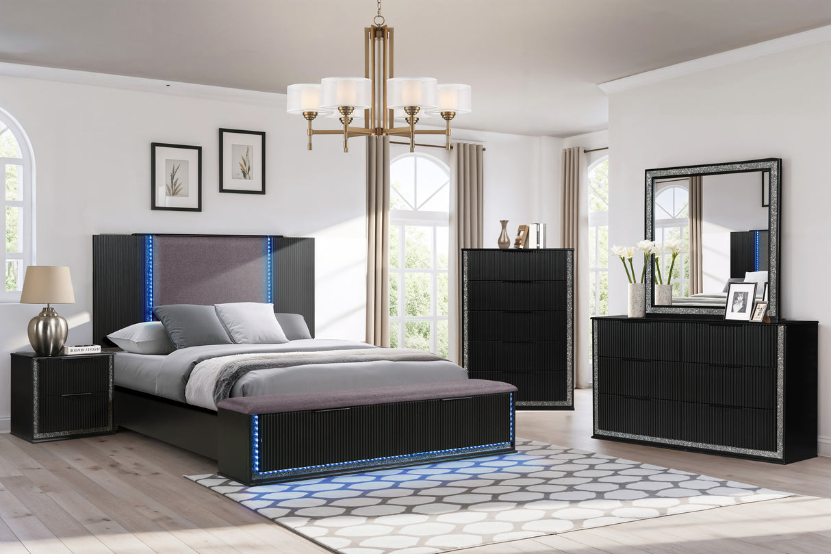 Modern Glam Black 5-Drawer Chest with Bling Trim & Felt-Lined Top Drawer