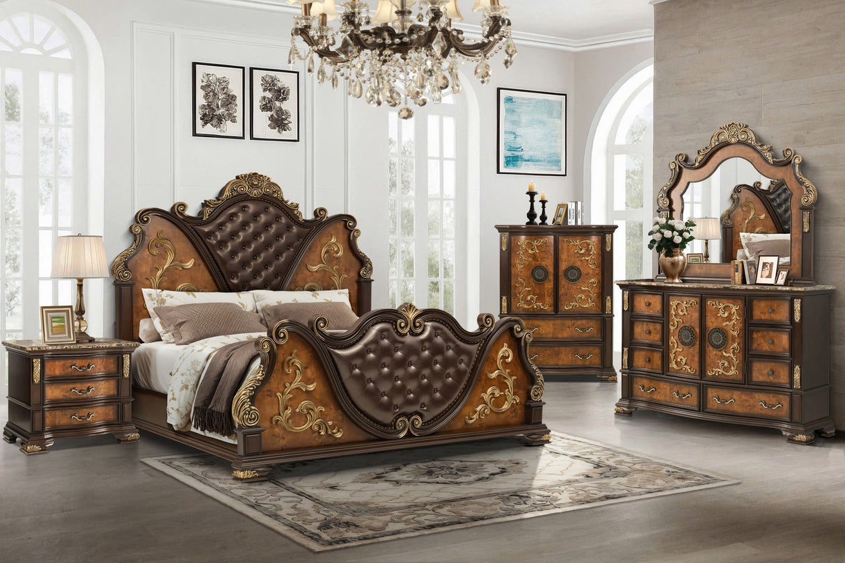 Aquilina Cherry/Oak 6-Piece Bedroom Set with Marble Tops & Gold Scrollwork