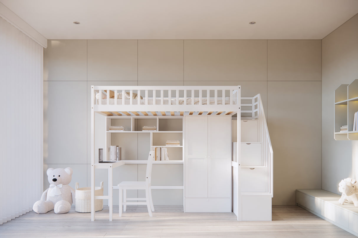 Twin Size Loft Bed with Integrated Desk, Bookshelf, Wardrobe, and Chair by Mollai Collections | Bel Furniture