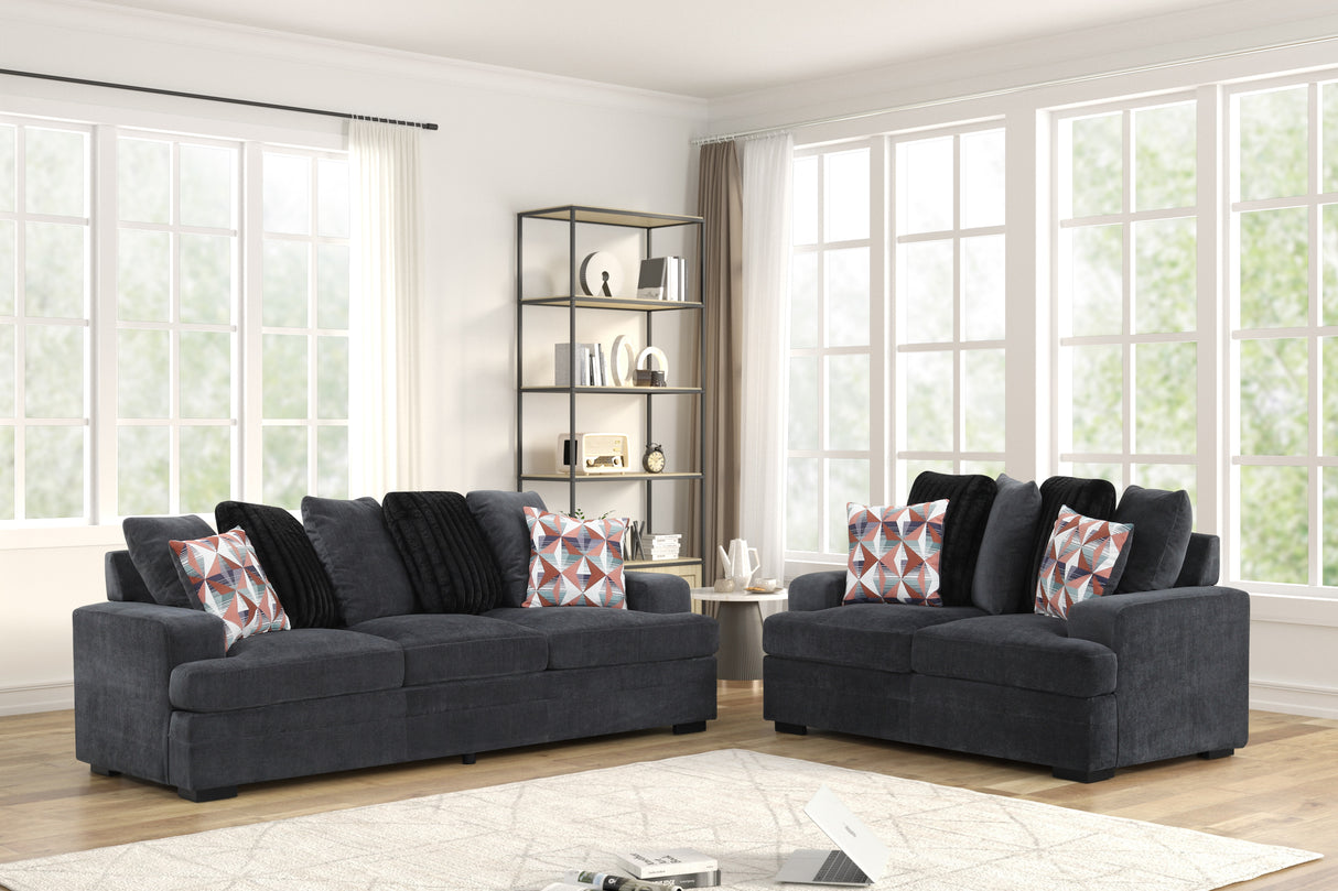 Charcoal Performance-Fabric Sofa & Loveseat Set with Accent Pillows