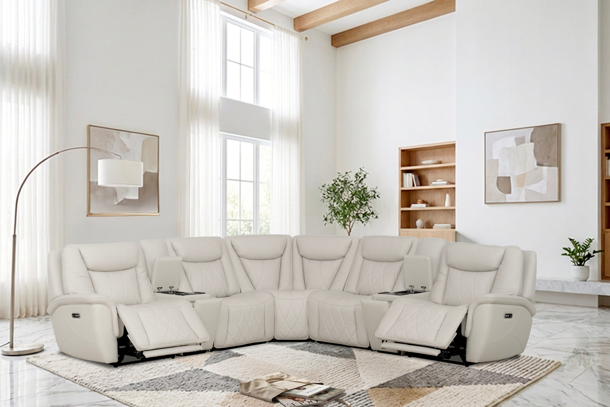 Light Gray 7-Piece Top Grain Leather Dual-Power Reclining Sectional with Wireless Charging