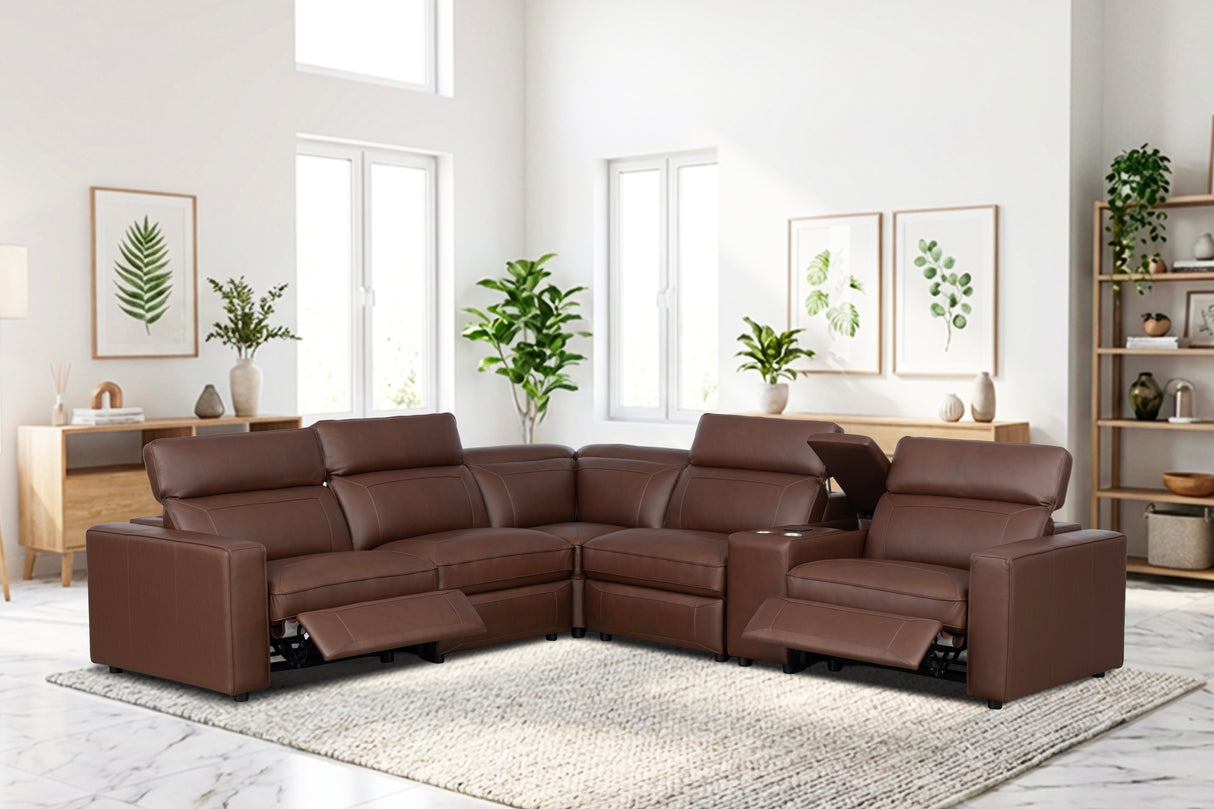 Brown Modern Top-Grain Leather Power Reclining Sectional with Power Headrests & Charging Console