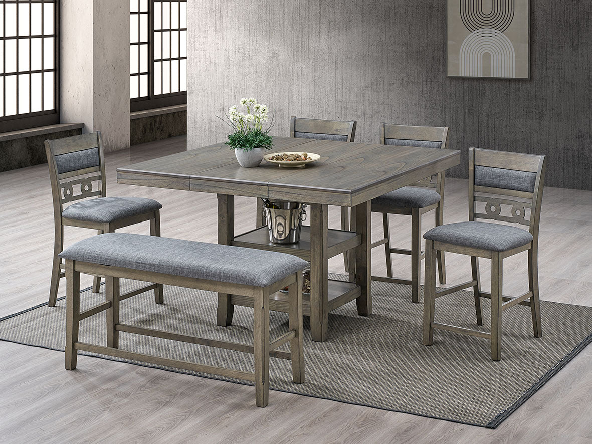 Gray Counter Height Dining Set with Square Pub Table, 4 Chairs & Upholstered Bench
