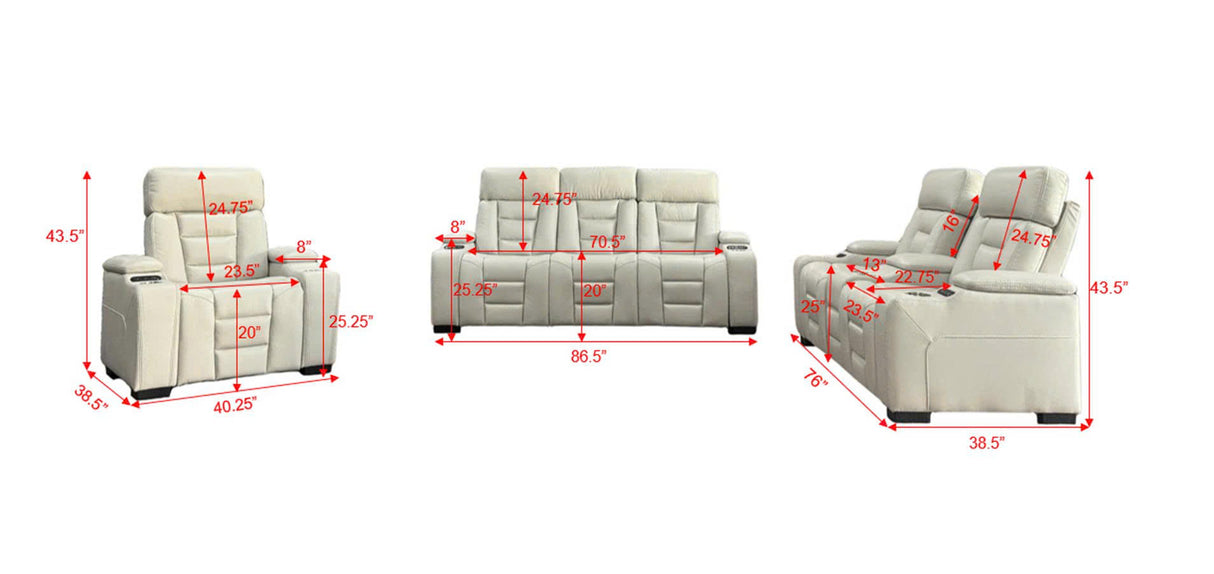 Contemporary Ivory Power Reclining 3-Piece Living Room Set with USB charging, Cupholders & Storage Console