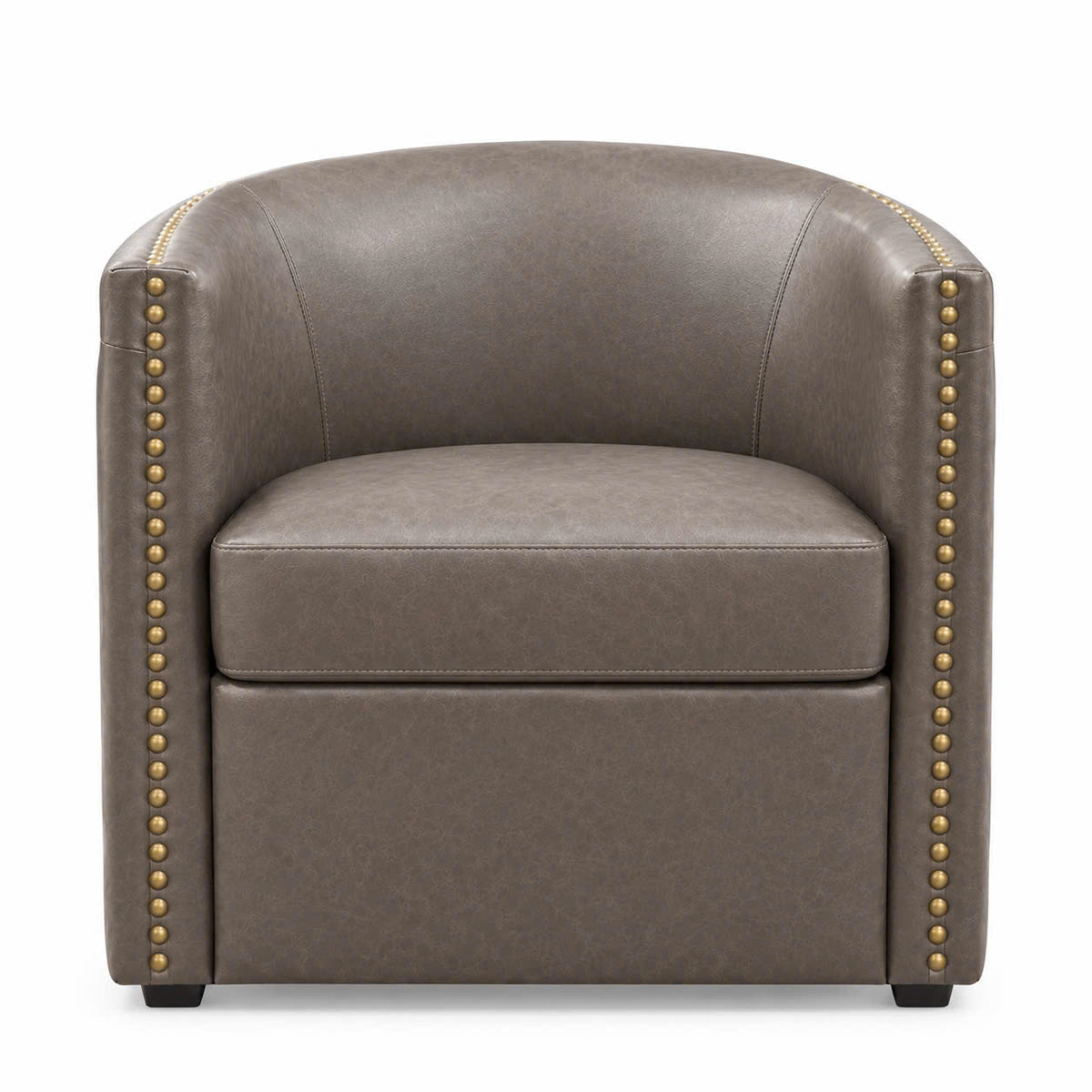Taupe Brown Faux Leather Swivel Barrel Accent Chair with Brass-Tone Nailhead Trim