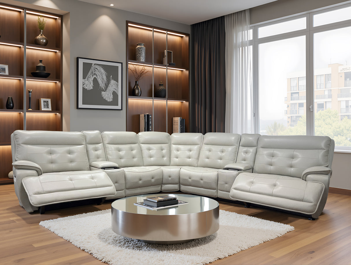 Beige Real Leather Power Reclining Sectional Sofa with Wireless Charging & USB Ports