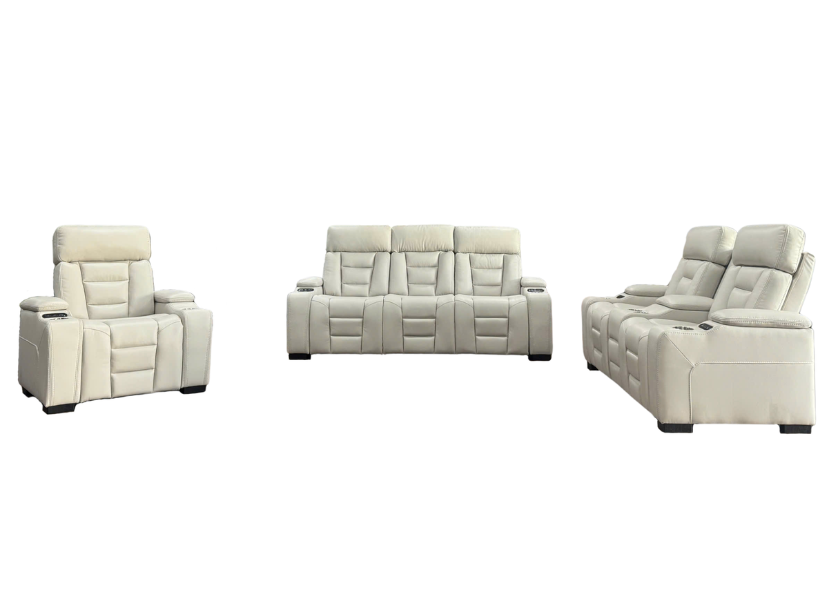 Contemporary Ivory Power Reclining 3-Piece Living Room Set with USB charging, Cupholders & Storage Console
