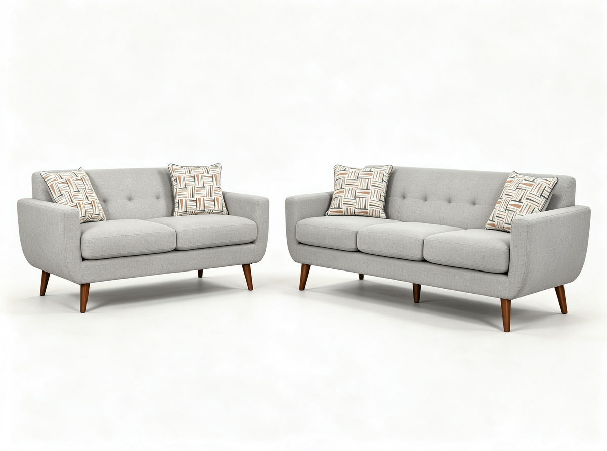 Gray 2-Piece Sofa & Loveseat Set with Tufted Backs & Wood Legs