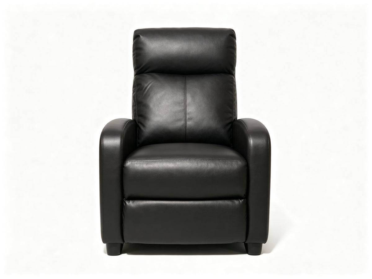 Black Push-Back Recliner with Padded Arms & Side Storage Pocket