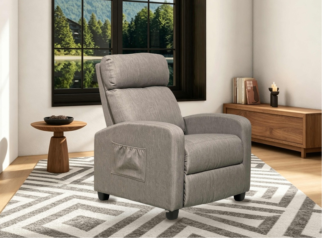Gray Linen Push-Back Recliner with Padded Arms & Side Storage Pocket