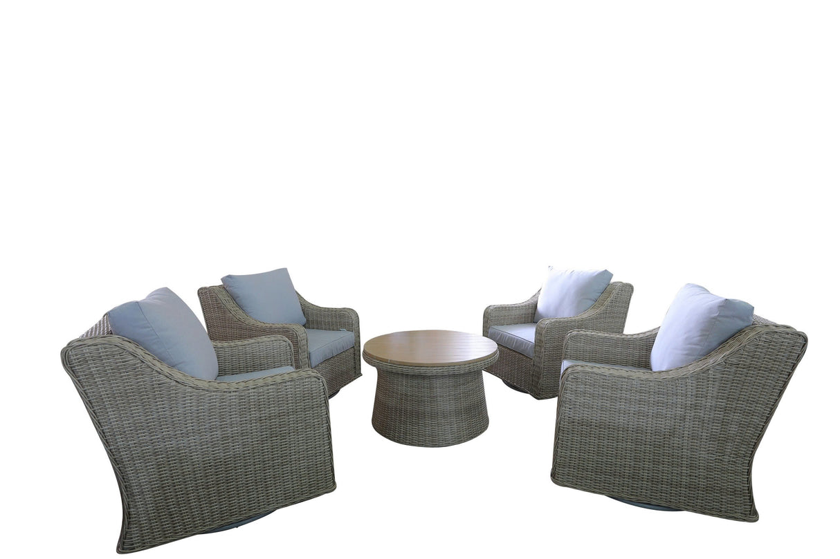 5-Piece Gray Wicker Outdoor Swivel Conversation Set with Round Coffee Table