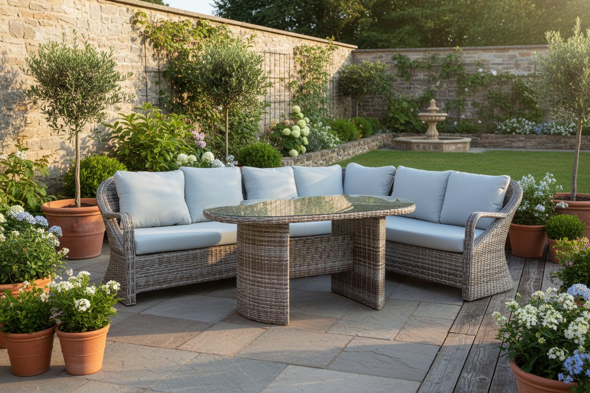 5-Piece Wicker Patio Sectional Sofa Set with Oval Dining Table and Cream Cushions