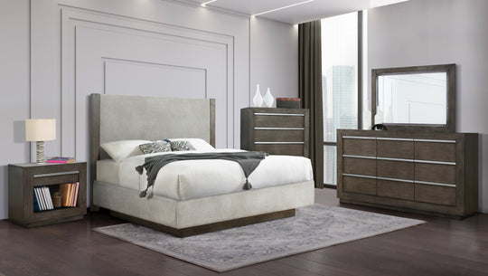 6-Piece Upholstered Platform Bedroom Set in Dark Gray – Bed, Dresser, LED Mirror & USB Nightstand