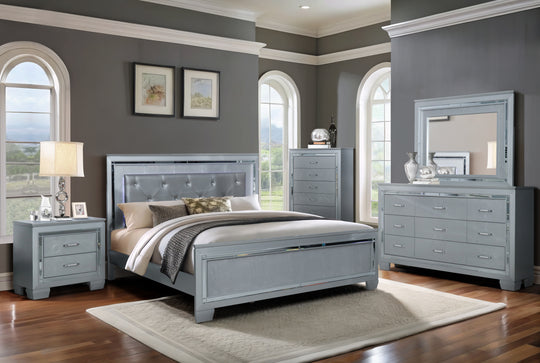 Silver Glam 6-Piece LED Bedroom Set with Upholstered Bed, Dresser, Mirror & USB Nightstand