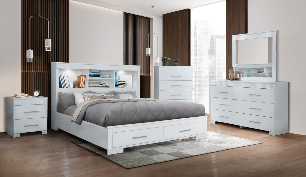 White LED Bookcase Storage Bedroom Set (Bed + Dresser + Mirror + Nightstand)