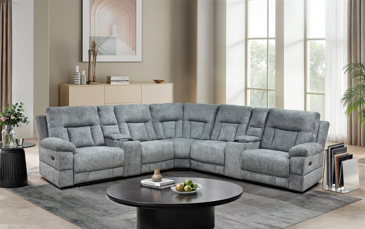 Contemporary Gray Power Reclining Sectional with Console Cup Holders, USB Ports & Wireless Charging