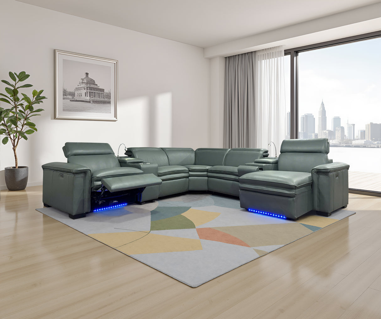 7-Piece Power Reclining Sectional with Wireless Charging, USB, Reading Lights & Adjustable Headrests – Light Green by Sara Collections | Bel Furniture