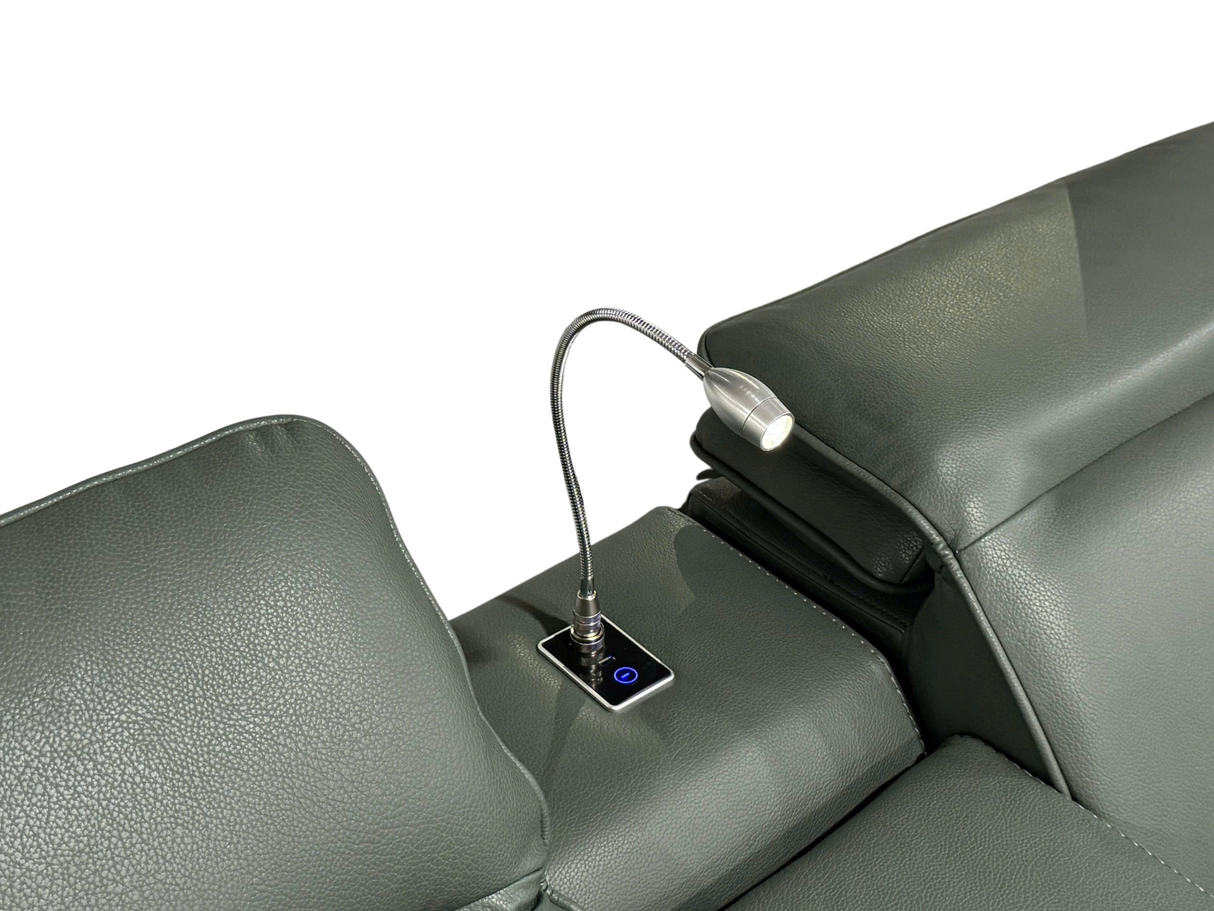 7-Piece Power Reclining Sectional with Wireless Charging, USB, Reading Lights & Adjustable Headrests – Light Green by Sara Collections | Bel Furniture