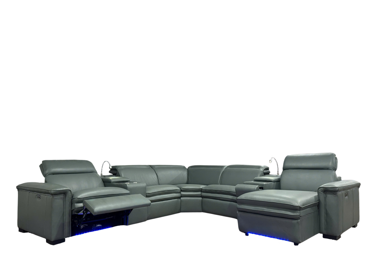 7-Piece Power Reclining Sectional with Wireless Charging, USB, Reading Lights & Adjustable Headrests – Light Green by Sara Collections | Bel Furniture