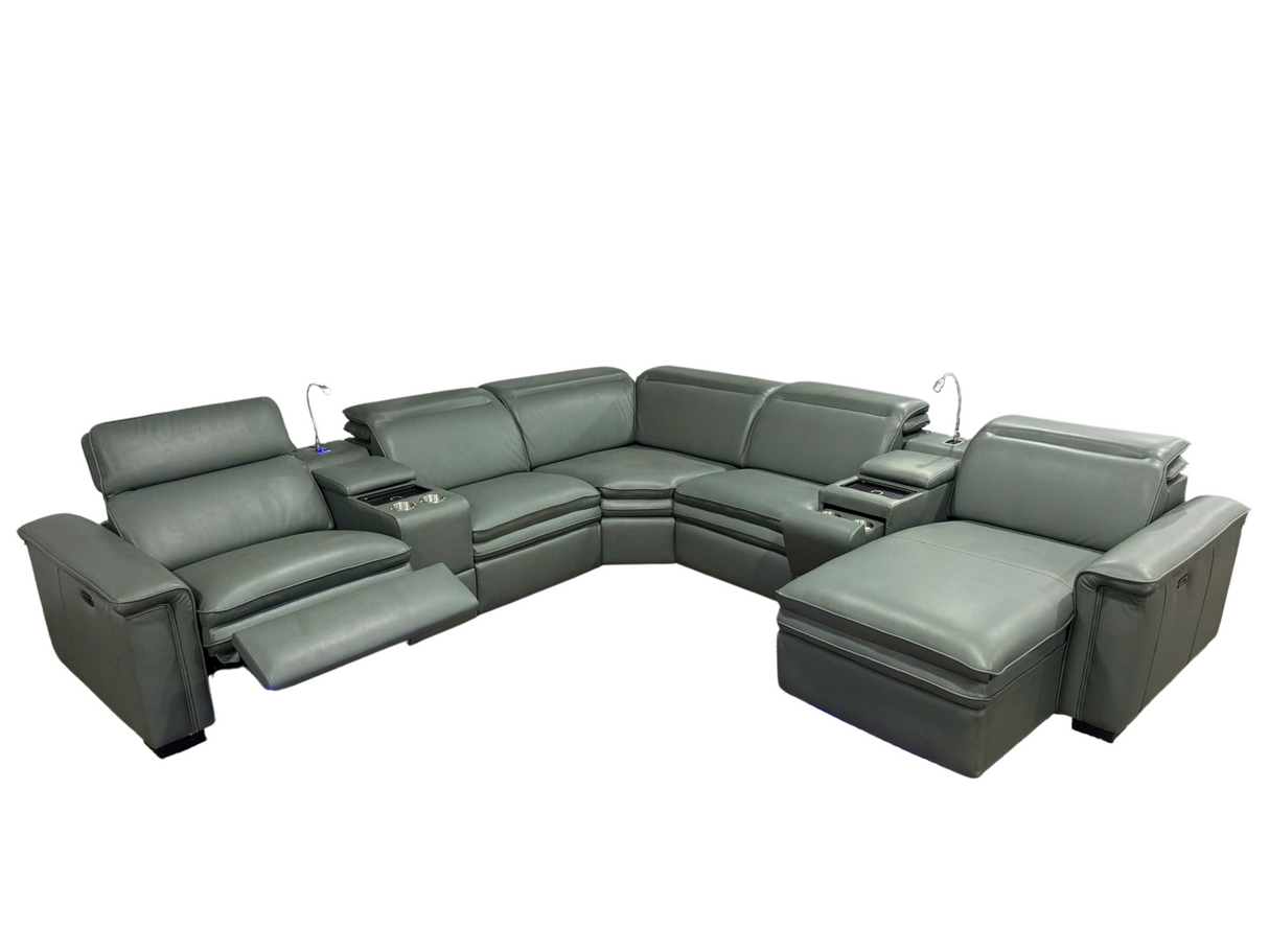 7-Piece Power Reclining Sectional with Wireless Charging, USB, Reading Lights & Adjustable Headrests – Light Green by Sara Collections | Bel Furniture