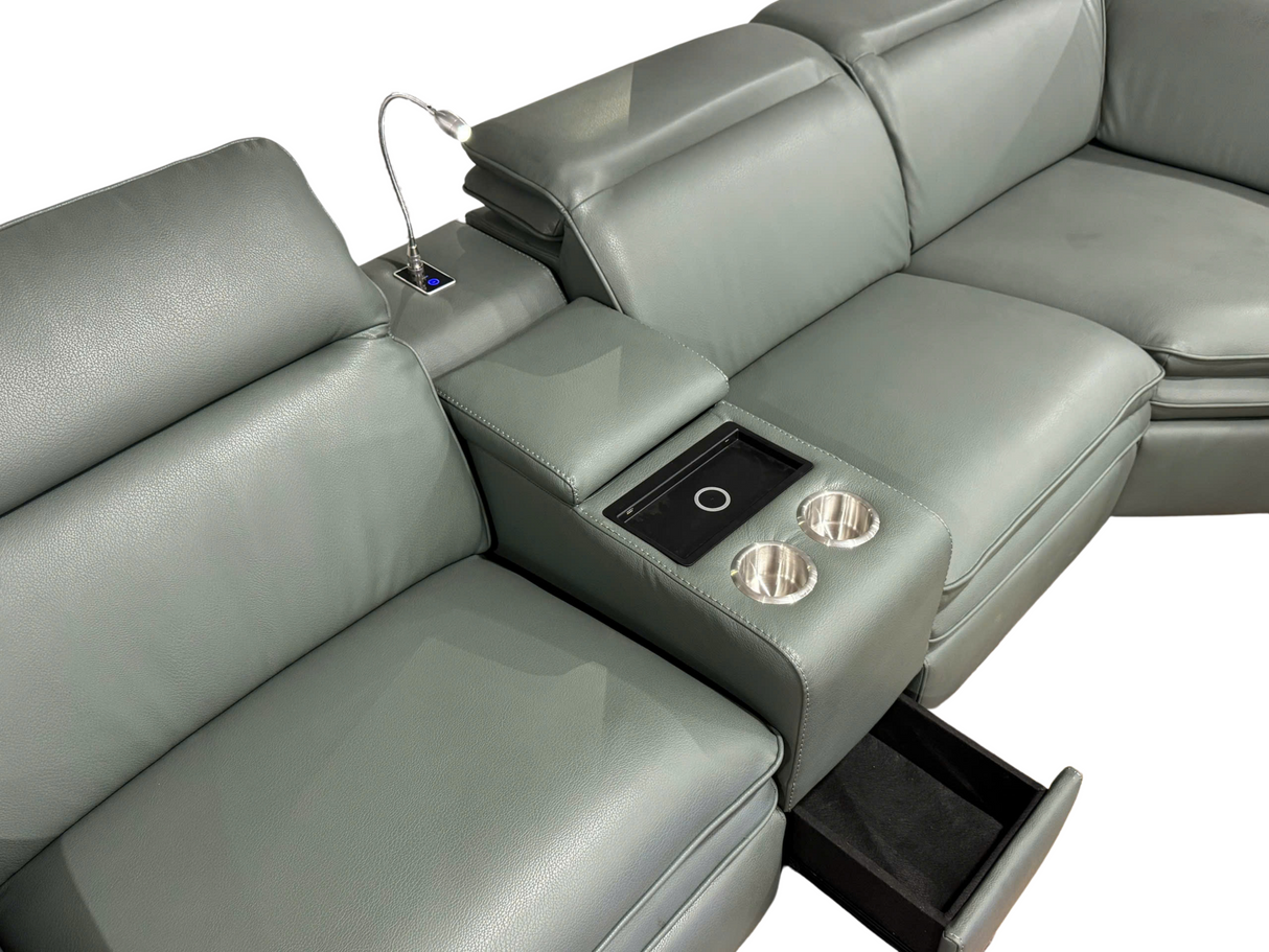 7-Piece Power Reclining Sectional with Wireless Charging, USB, Reading Lights & Adjustable Headrests – Light Green by Sara Collections | Bel Furniture