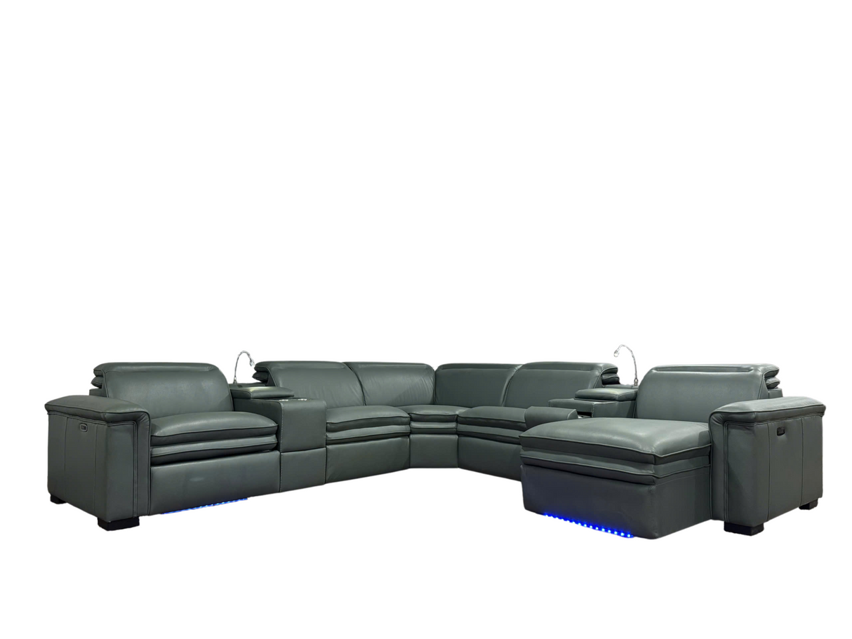 7-Piece Power Reclining Sectional with Wireless Charging, USB, Reading Lights & Adjustable Headrests – Light Green by Sara Collections | Bel Furniture