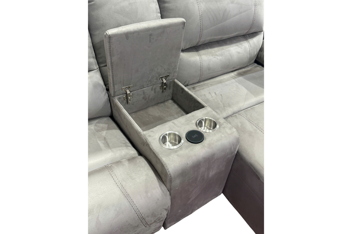 Power Reclining Sectional Sofa with LED Lights, Bluetooth Speakers & Storage Console - Beige by Sara Collections | Bel Furniture