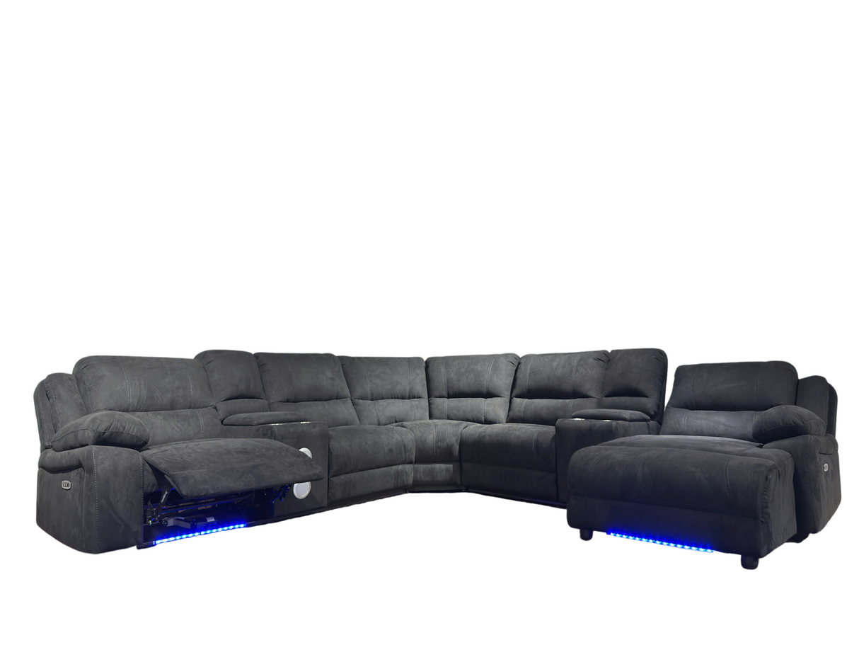 Power Reclining Sectional Sofa with LED Lights, Bluetooth Speakers & Storage Console - Black by Sara Collections | Bel Furniture