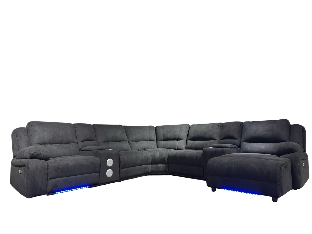 Power Reclining Sectional Sofa with LED Lights, Bluetooth Speakers & Storage Console - Black by Sara Collections | Bel Furniture