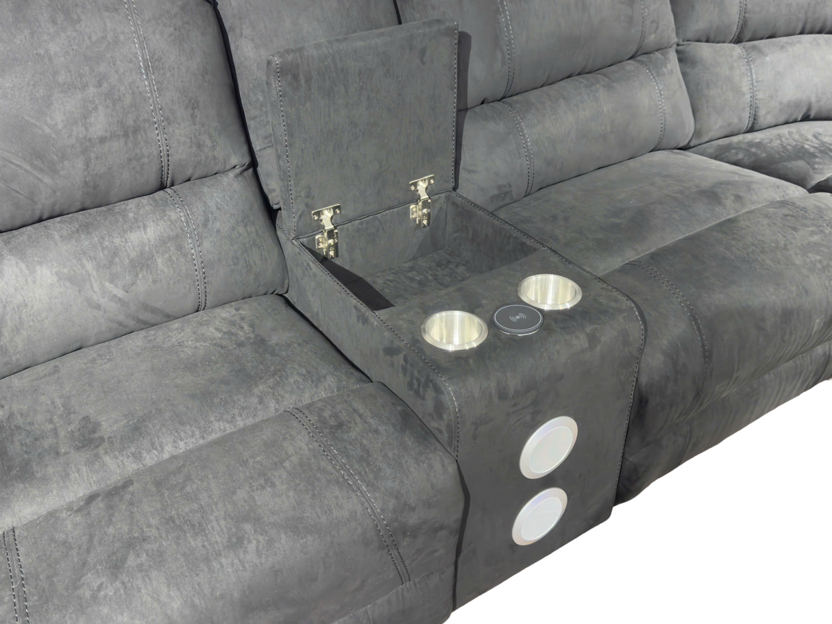 Power Reclining Sectional Sofa with LED Lights, Bluetooth Speakers & Storage Console - Black by Sara Collections | Bel Furniture