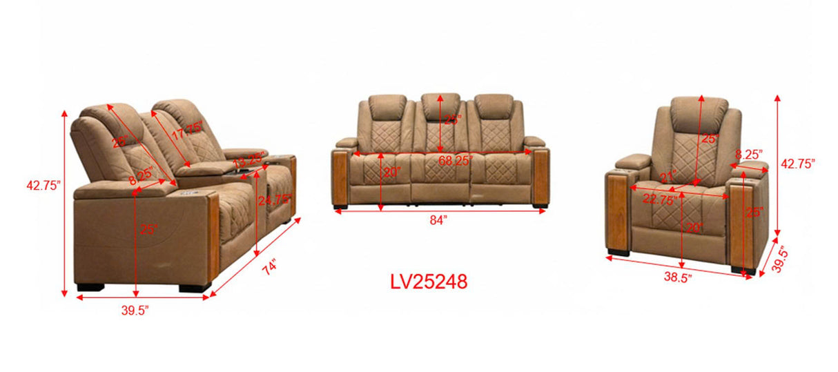 Modern 3-Piece Power Reclining Living Room Set in Camel - Power Headrests, USB & Wireless Charging, Hidden Armrest Storage, Cup Holders, & Reading Light