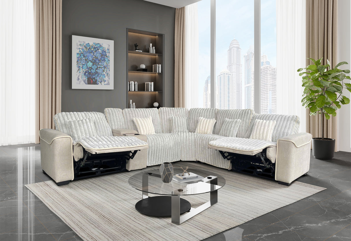 Gray Modern Ribbed Corduroy 6-Piece Power Reclining Sectional with Wireless Charging Console