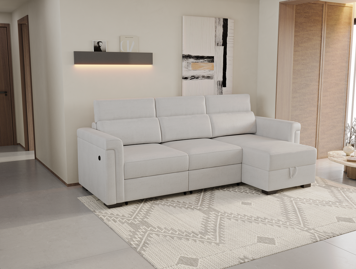 White Power Sleeper Sectional with Storage Chaise & USB Ports