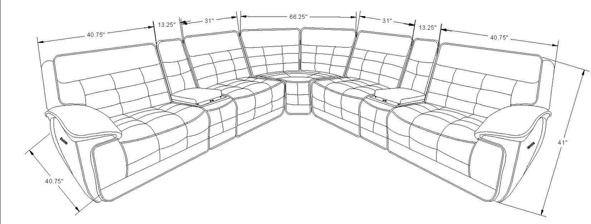 Line drawing of a sectional sofa with dimensions