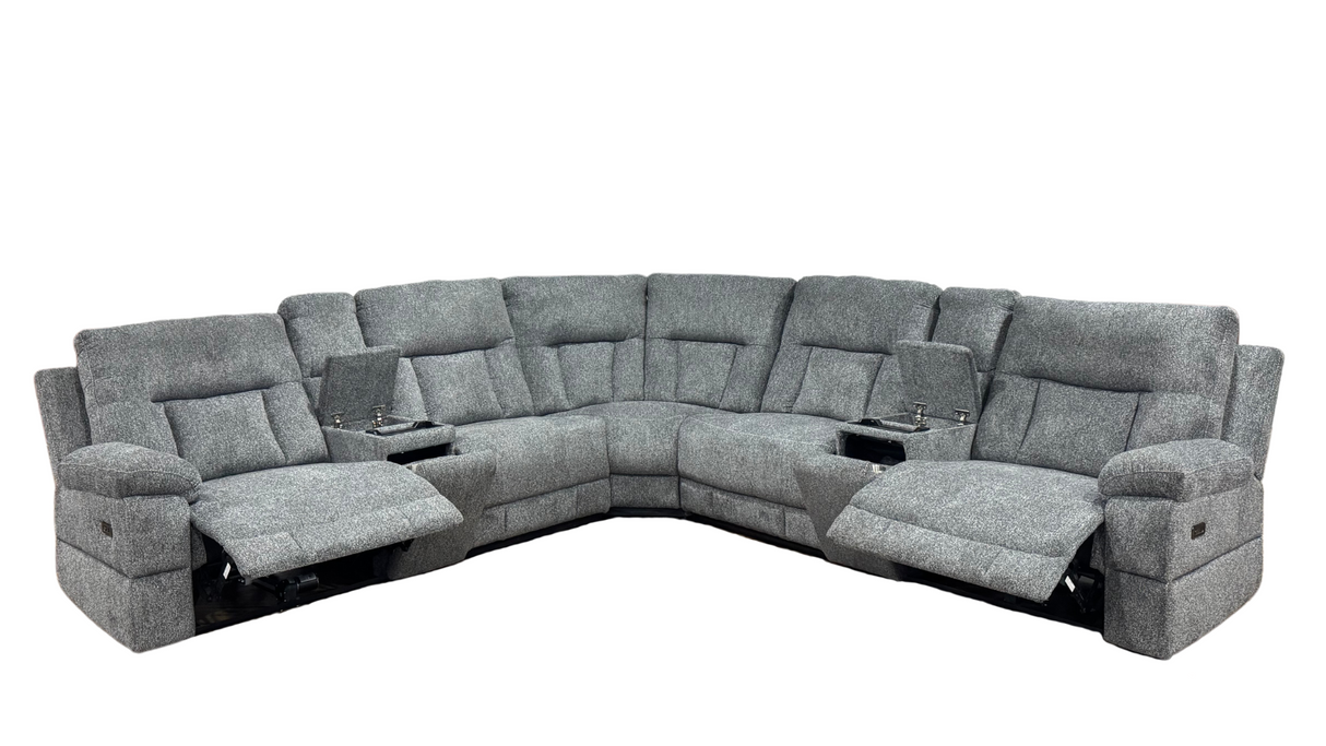 Contemporary Gray Power Reclining Sectional with Console Cup Holders, USB Ports & Wireless Charging